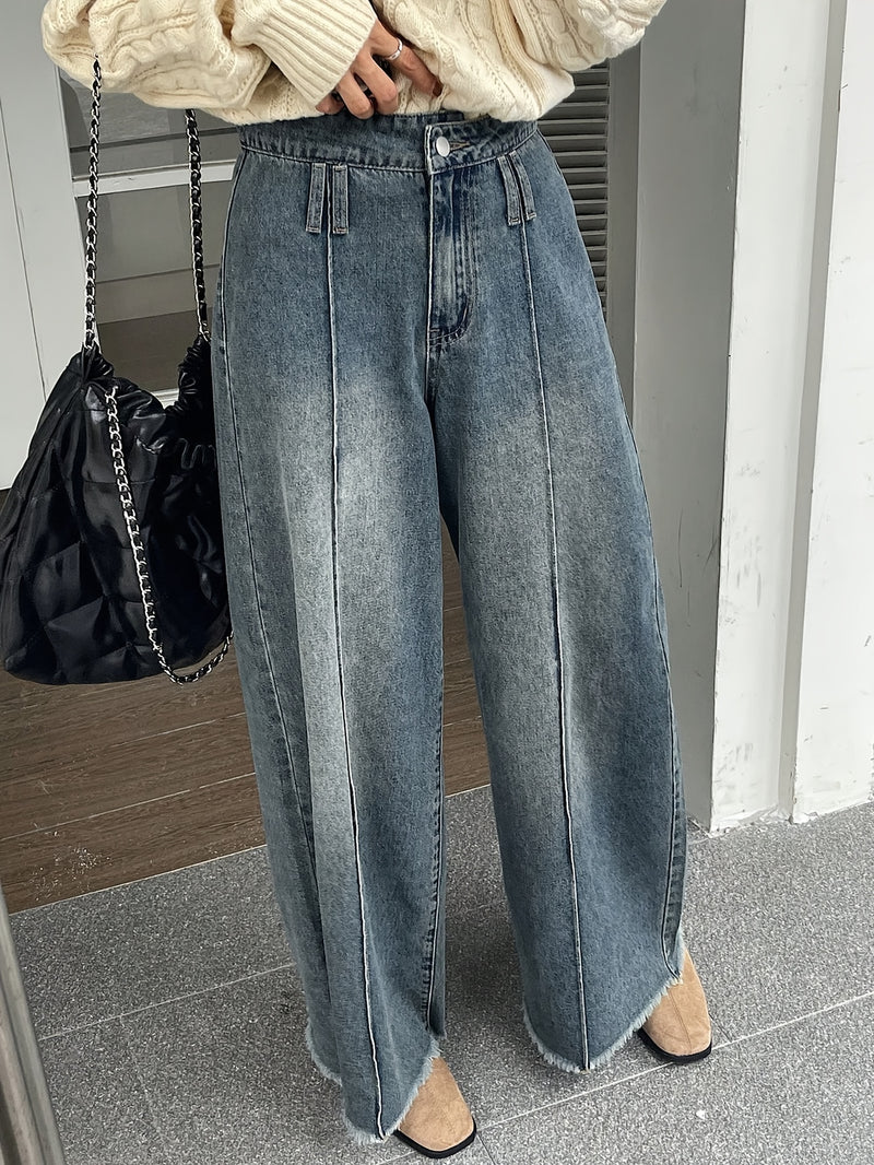 Ladies' High-Waisted Wide-Leg Loose Frayed Snowflake Denim Pants.