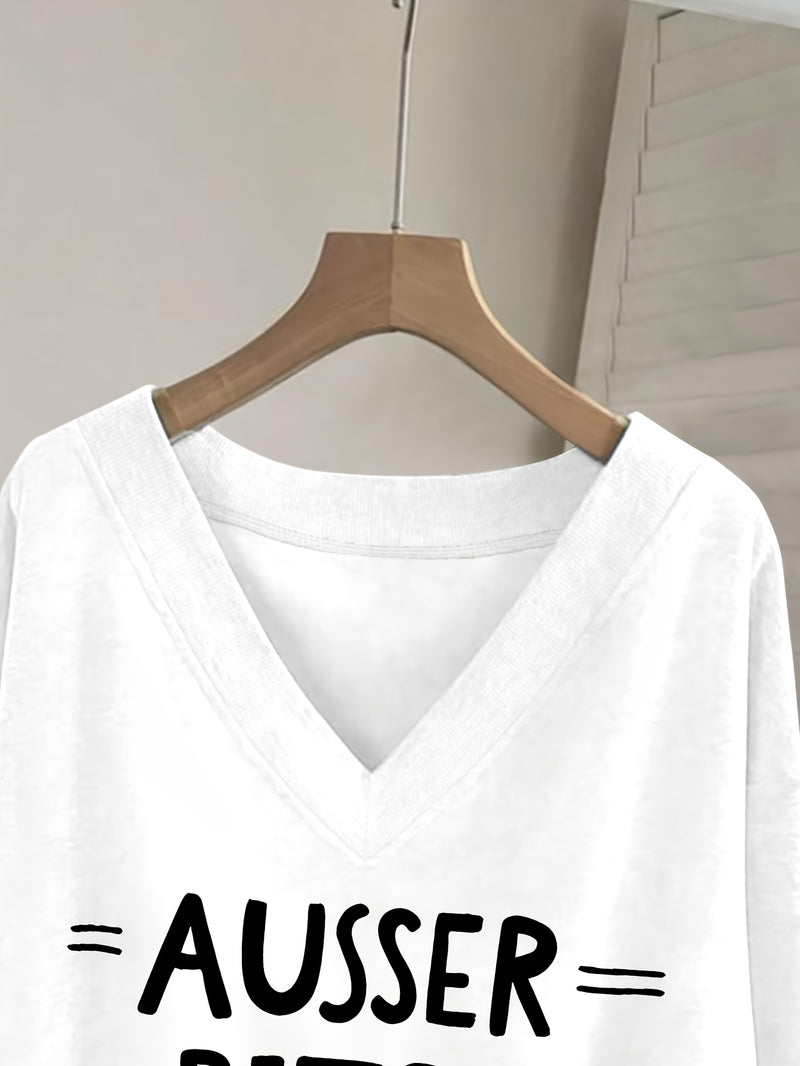 Women's Pink V-Neck Long Sleeve Sweater with German Letter Print.
