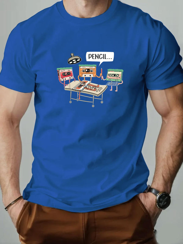 Men's Summer Casual Crew Neck Short Sleeve T-Shirt with Tape Pattern.