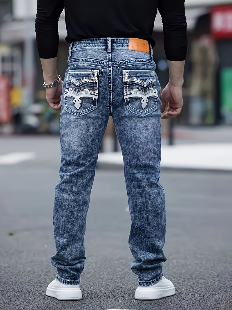 Men's Fashion Embroidered Back Pocket Stretch Straight-Leg Pants.