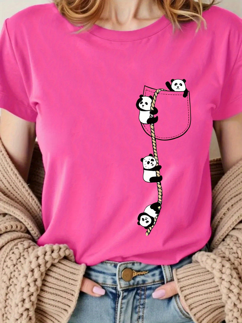 Women’s  Pocket Panda Climbing Rope Cute Pattern Print Fashion Crew Neck T-Shirt.