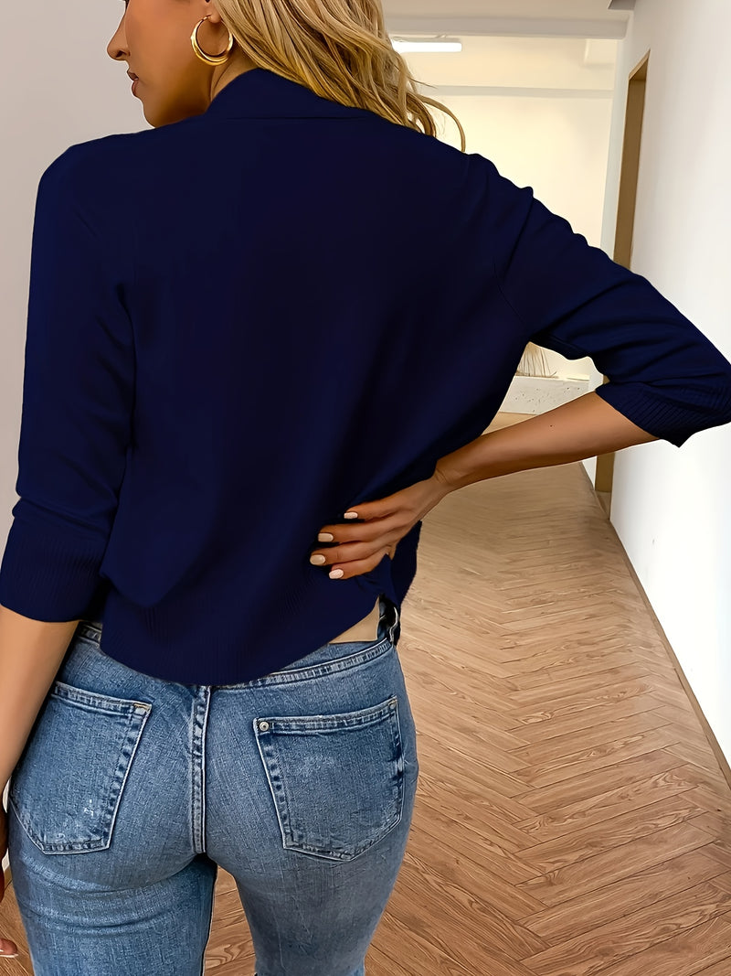 Solid Color Open Front Knit Cardigan, Casual 3/4 Sleeve Top.