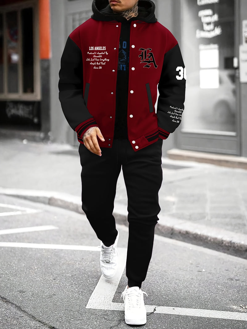 Men's 2pcs Baseball Jacket and Sweatpants Set with Overlapping.