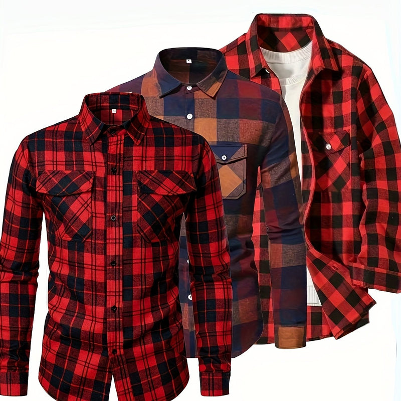 3pcs Men's Plaid Shirt Top with Turn- Collar Long Sleeve Button-Up.