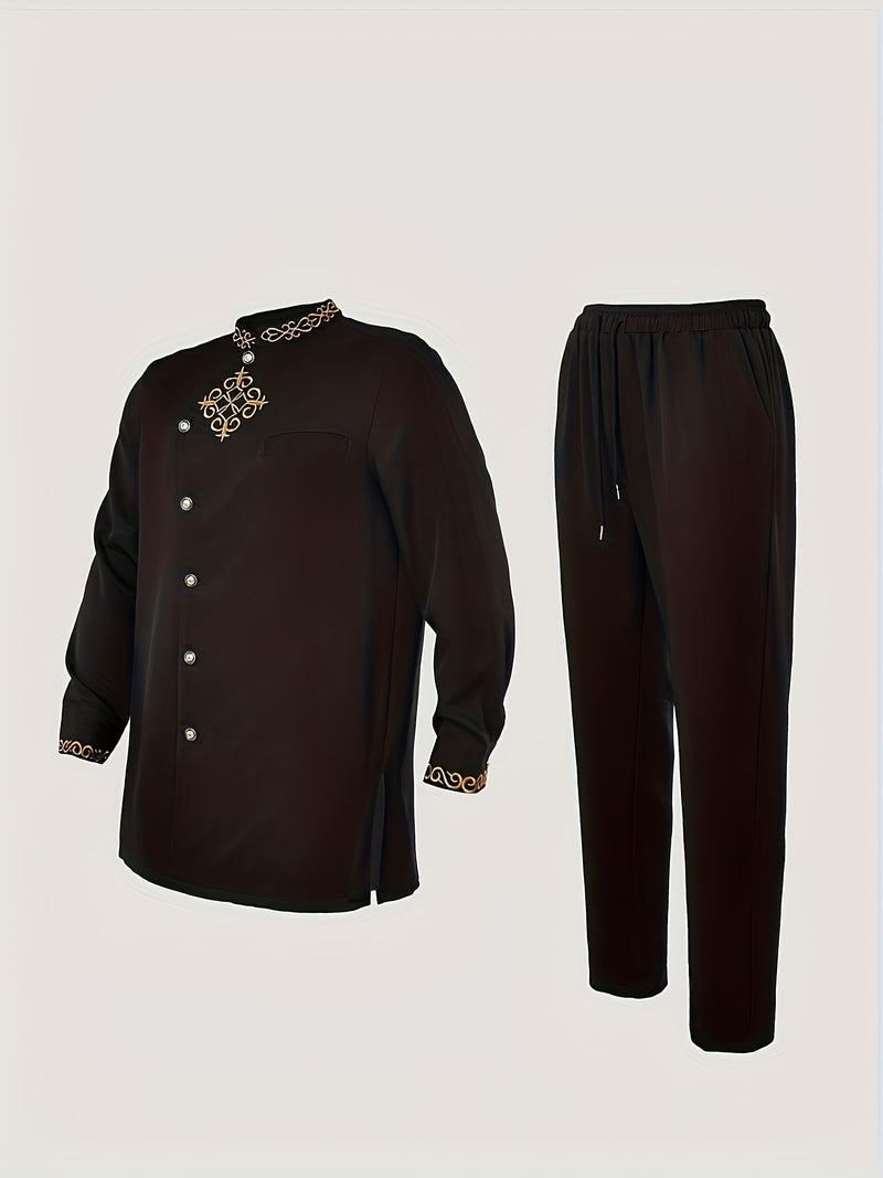Men's 2pcs Suit Set, Embroidered, Stand Collar, Long Sleeve.