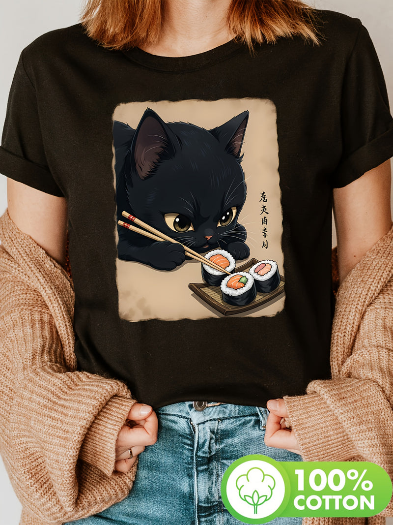Cat Eating Sushi print t-shirt, short sleeve crew neck casual top for Women.