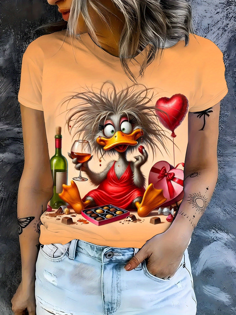 A Short-Sleeved Shirt Featuring a Casual Duck Wine Chocolate Design, Perfect for Women.
