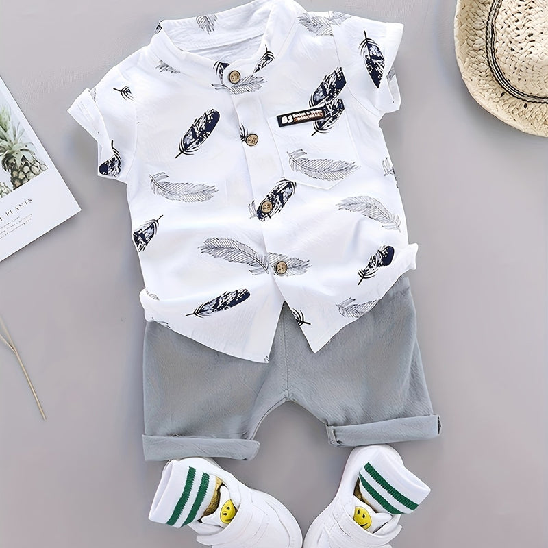 Youngsters Summer Feather Print Short Sleeve Shirt & Shorts Set.
