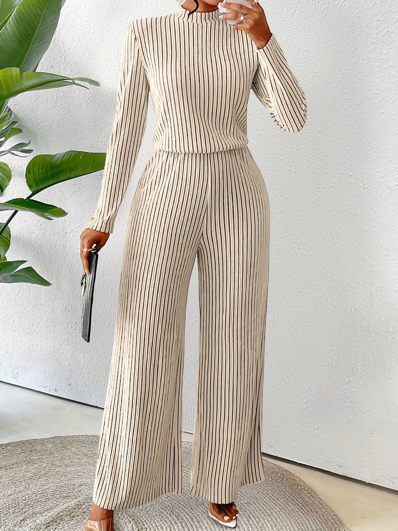 Women's Casual Elegant Long Sleeve Wide Leg Body Suit with Clavicle Collar.