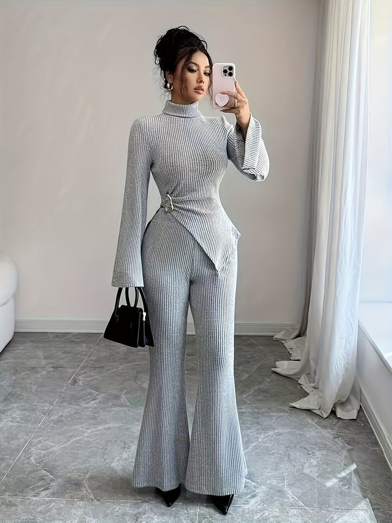 Women's Autumn And Winter Fleece Turtleneck Asymmetrical Hem Long Sleeve Pants.