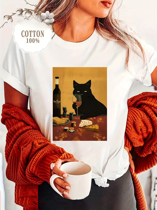 Women’s T-shirt Female Drinking and Eating Cheese Cat Pattern.