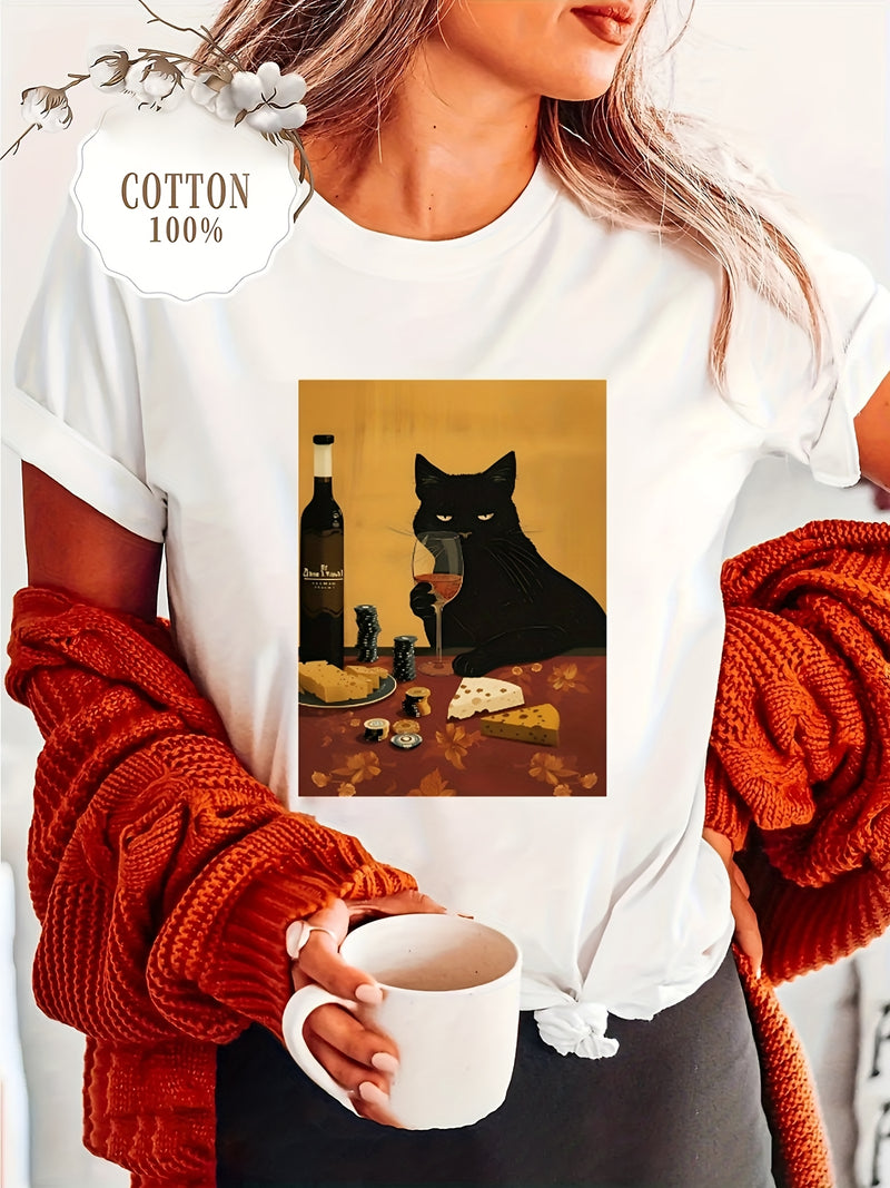 Women’s T-shirt Female Drinking and Eating Cheese Cat Pattern.