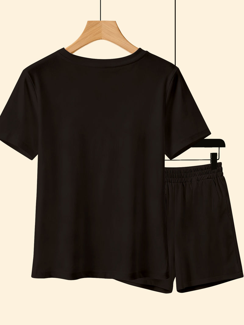 Women's Three-piece Fashionable Giraffe Print Short-sleeve Top and Shorts.