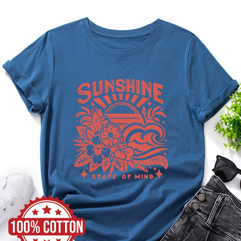 Women's Casual Crew Neck T-Shirt with "SUNSHINE" Graphic Print.