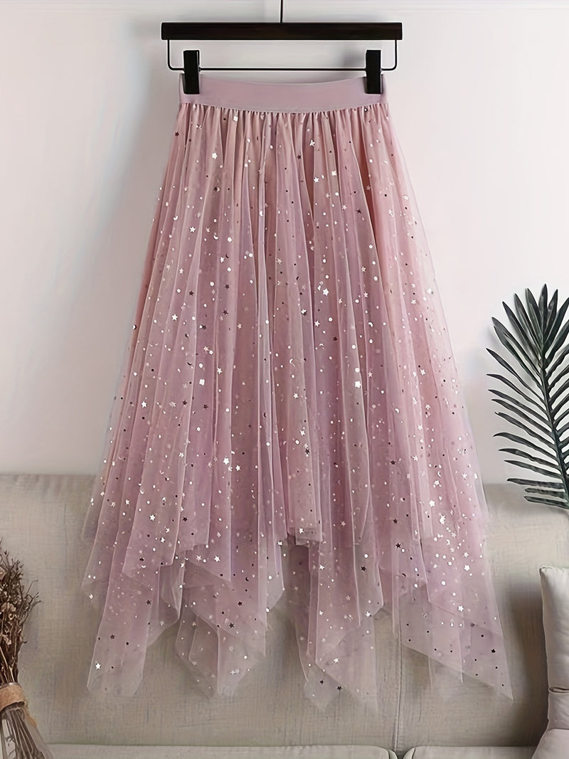 New Women's Sequin Mesh Midi Skirt, High-Waisted.
