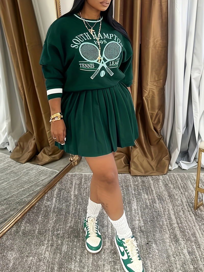 Women’s Printed Sweatshirt and Pleated Skirt Two-Piece Set.