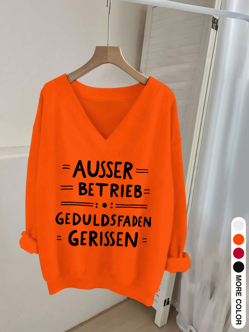 Women's Pink V-Neck Long Sleeve Sweater with German Letter Print.