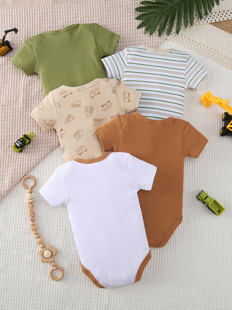 5pcs Boys Romper Set, Featuring a Stylish Cartoon Car Pattern.