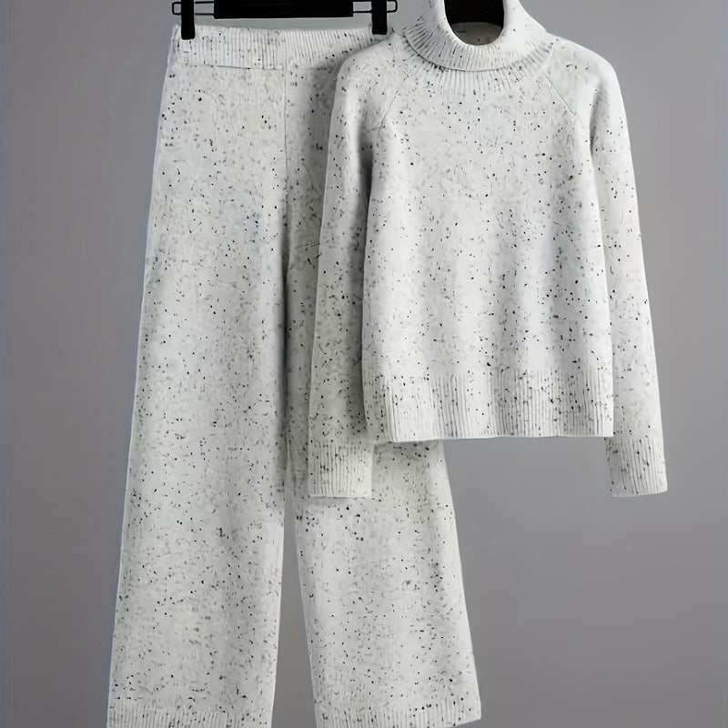 Elegant Women's Set High-Neck Long-Sleeve Sweater and Matching Pants.