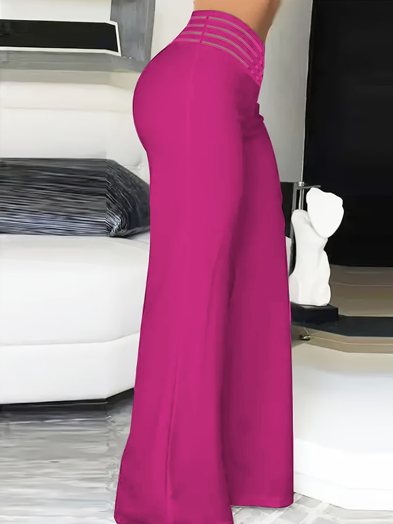 Women’s Solid Color Cross-Over Transparent Mesh Patch High-Waist Pants.