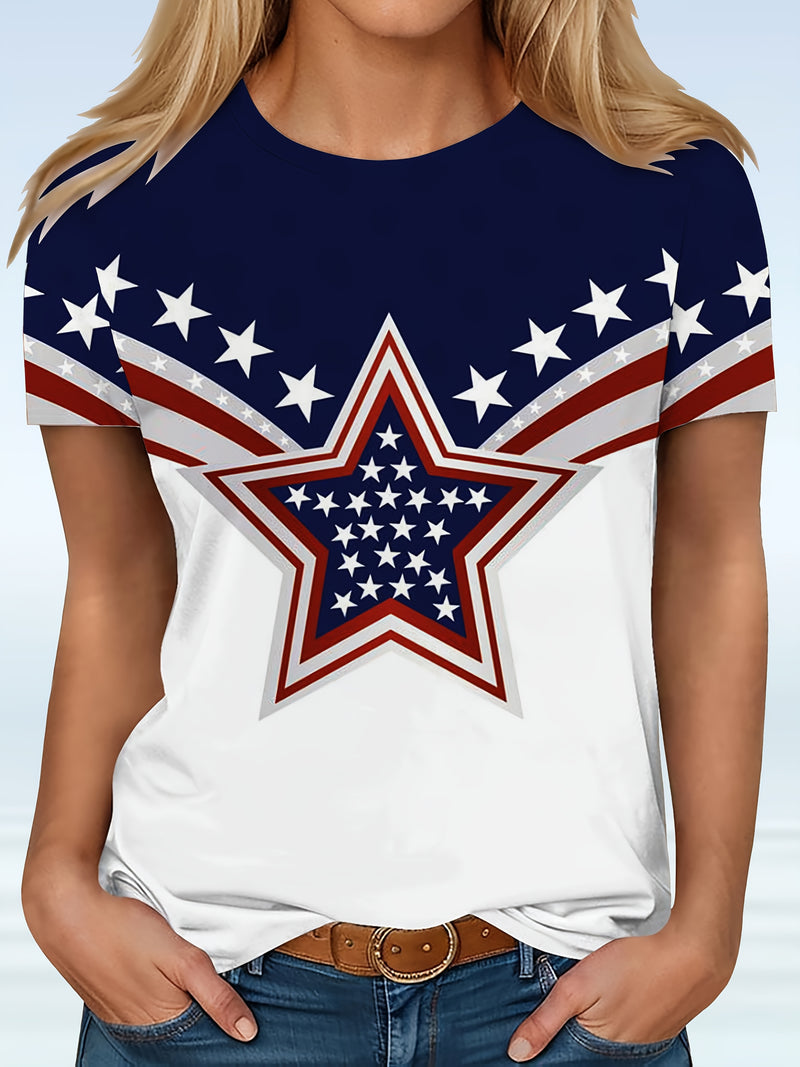 Casual Fashion Five-Pointed Star Digital Print Women's T-Shirt.