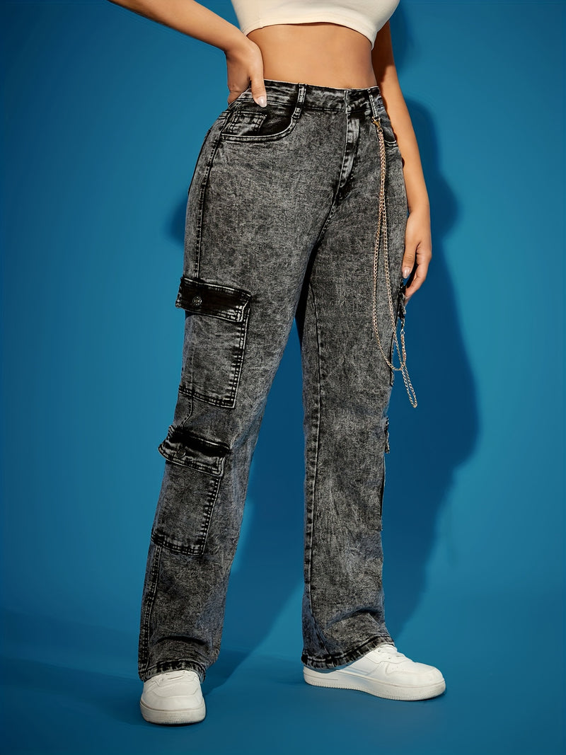 Women's High-Waist Stretch Denim Cargo Pants.