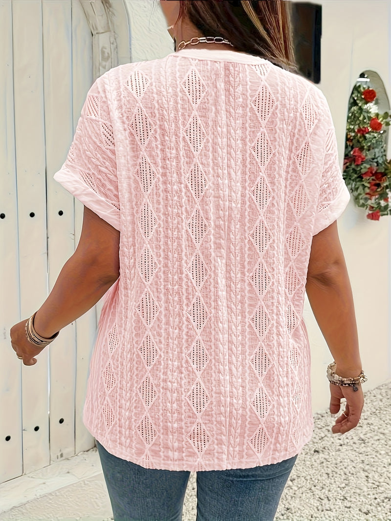 Women's Short-Sleeve V-Neck Solid Color Jacquard Hollow-Out Two-Piece T-Shirt.