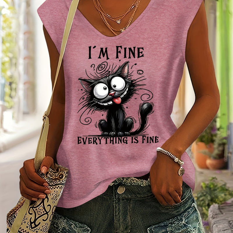 Women’s Cute Cat Print Rayon V-Neck Short Sleeve T-Shirt.