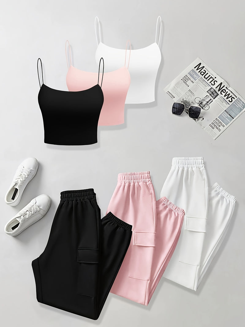 6pcs Women's Casual Short Camisole And Elastic Waist Pocket Work Pants.