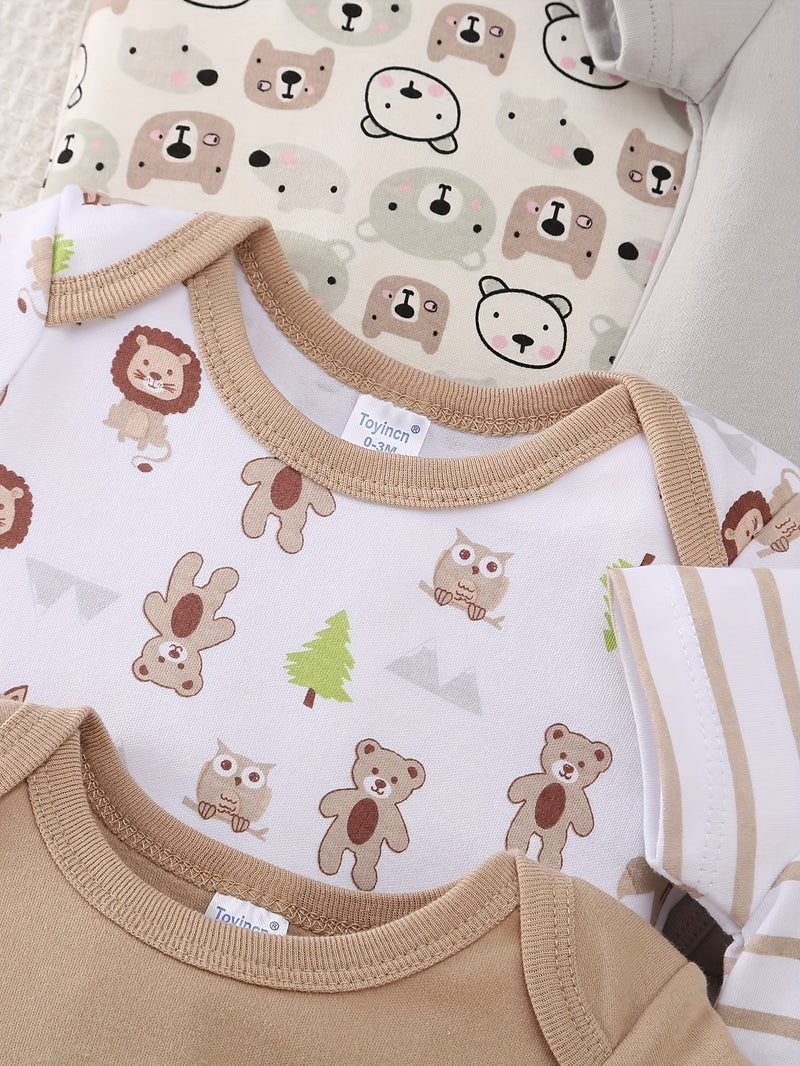 10pcs Boys' Onesies Set - Short Sleeve Snap-Fit Rompers with Bear & Animal Print.