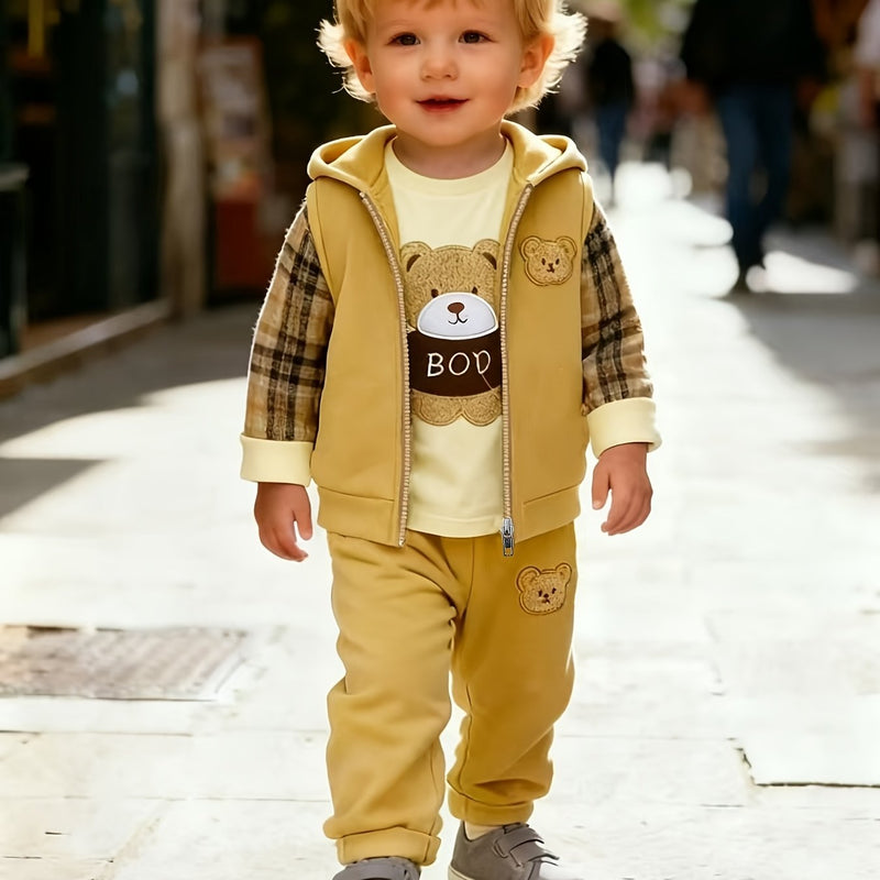 Baby Boy's 3pcs Set: Embroidered Bear Hooded Vest with Embroidered Bear Plaid Patchwork Top.
