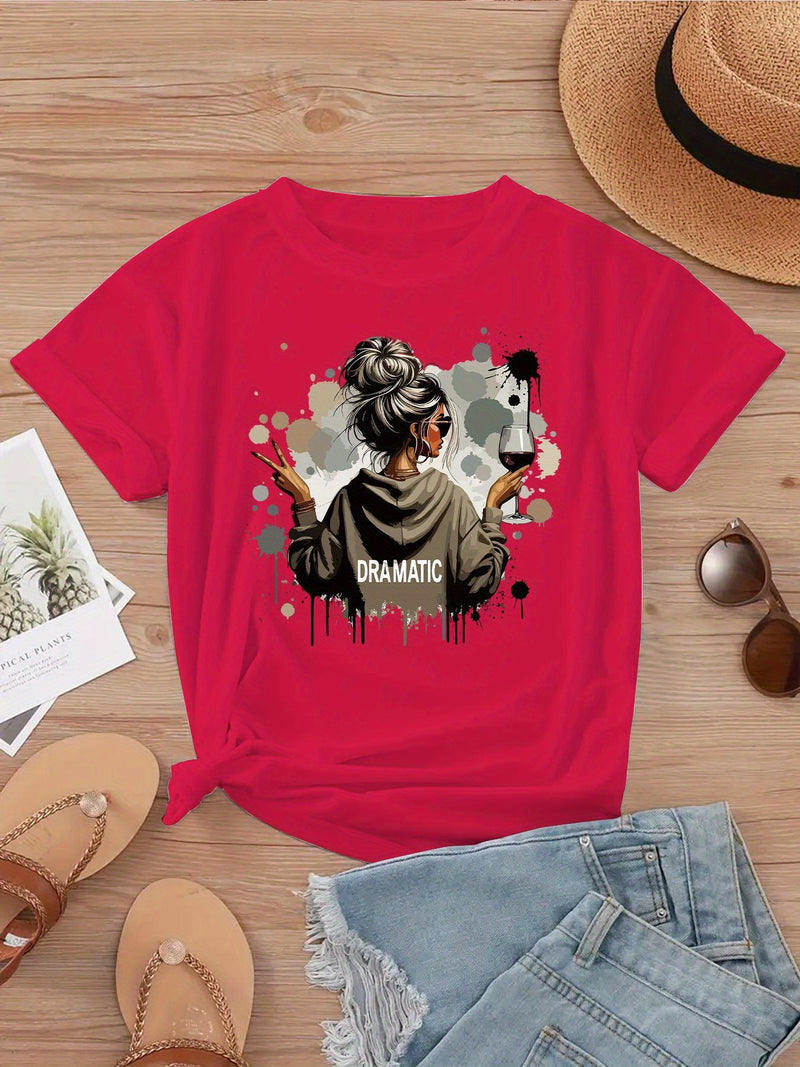 A Women's Stylish Printed Short-Sleeve T-Shirt with a Round Neck.