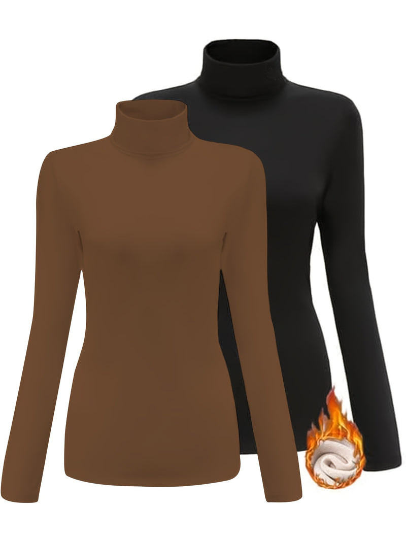 Women's High Collar T-Shirt Autumn And Winter Fleece Lining Warm Long-Sleeved.