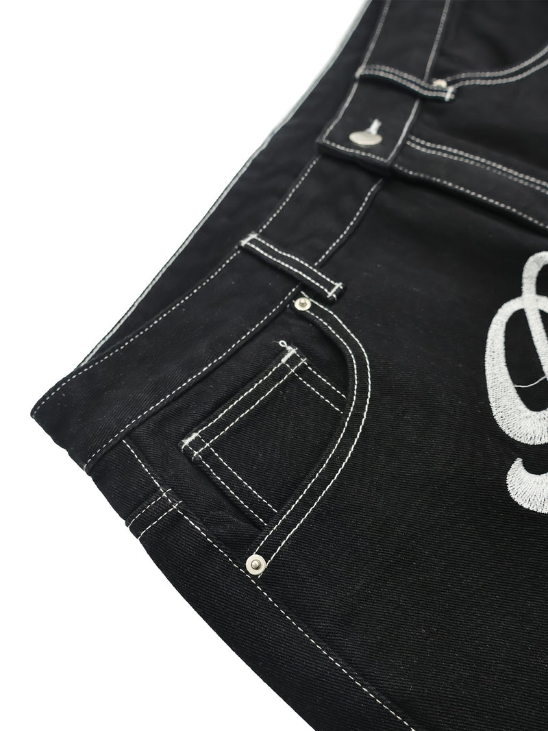 Embroidered Casual Mid-length Pants, Letter Embroidered Denim Shorts.