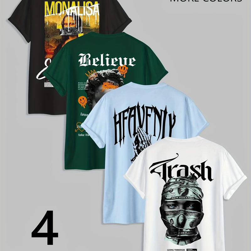 Set of 4 Men's Round Neck Print T-Shirts.
