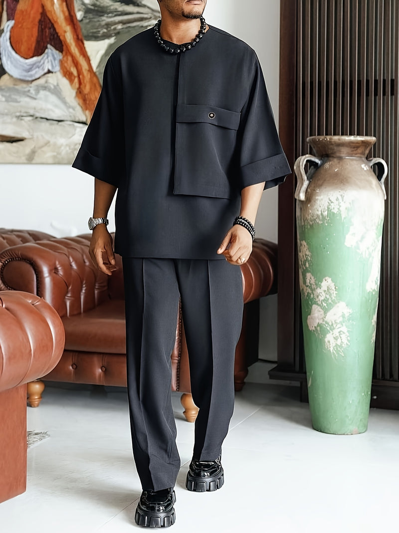 Men'S Suit, Short-Sleeved Top, Round Neck, Fake Pocket Design.