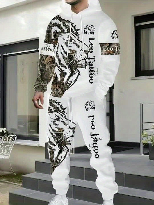 Polyester Hooded Tracksuit Set for Men - Casual Geometric Lion Print.