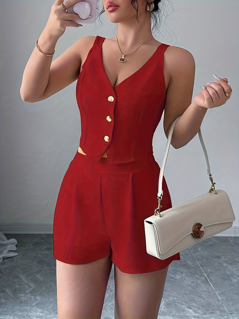 Women's Casual Commuter Simple Solid Color Front Button Vest + Shorts 2pcs.