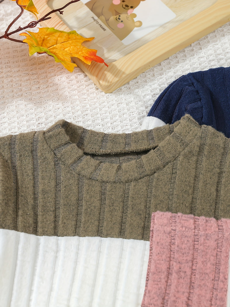 3 Sets Boys Pantsuits: Ribbed Round Neck Contrast Pullover.