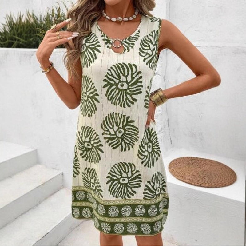 Women's Summer Fashion Dress, Casual Vacation Sleeveless Round Neck Printed.