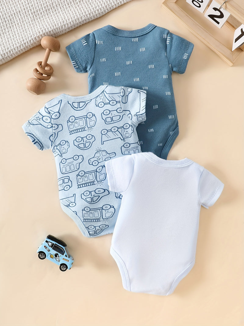 3pcs Newborn Baby Boy Romper Set, Soft, Breathable, and Comfortable.