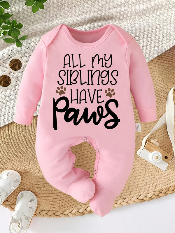 All My Siblings Have Paws Letter Print Newborn Romper Footed Bodysuit for Babies.