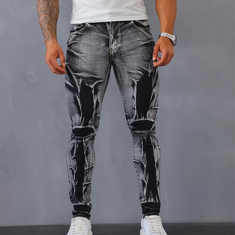 Men's Slim-Fit Stretch Denim Jeans with Irregular Tie-Dye Design.