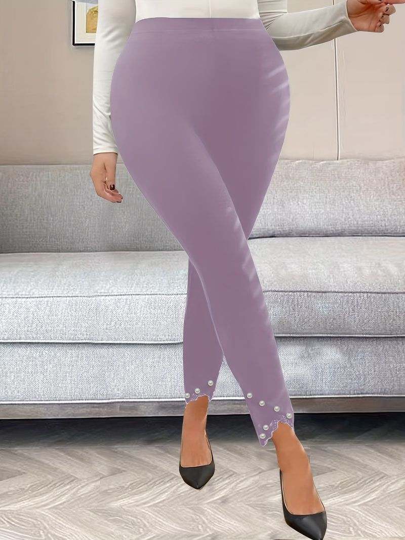 Women’s Elegant Solid Color Plus-Size Pants with Pearl Lace Trim.