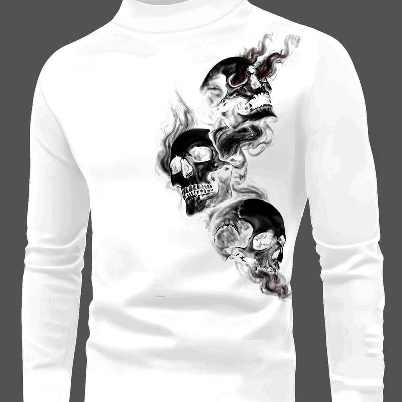 Men's Fall Three Skull Print Casual Comfort Long Sleeve Crew Neck T-Shirt.