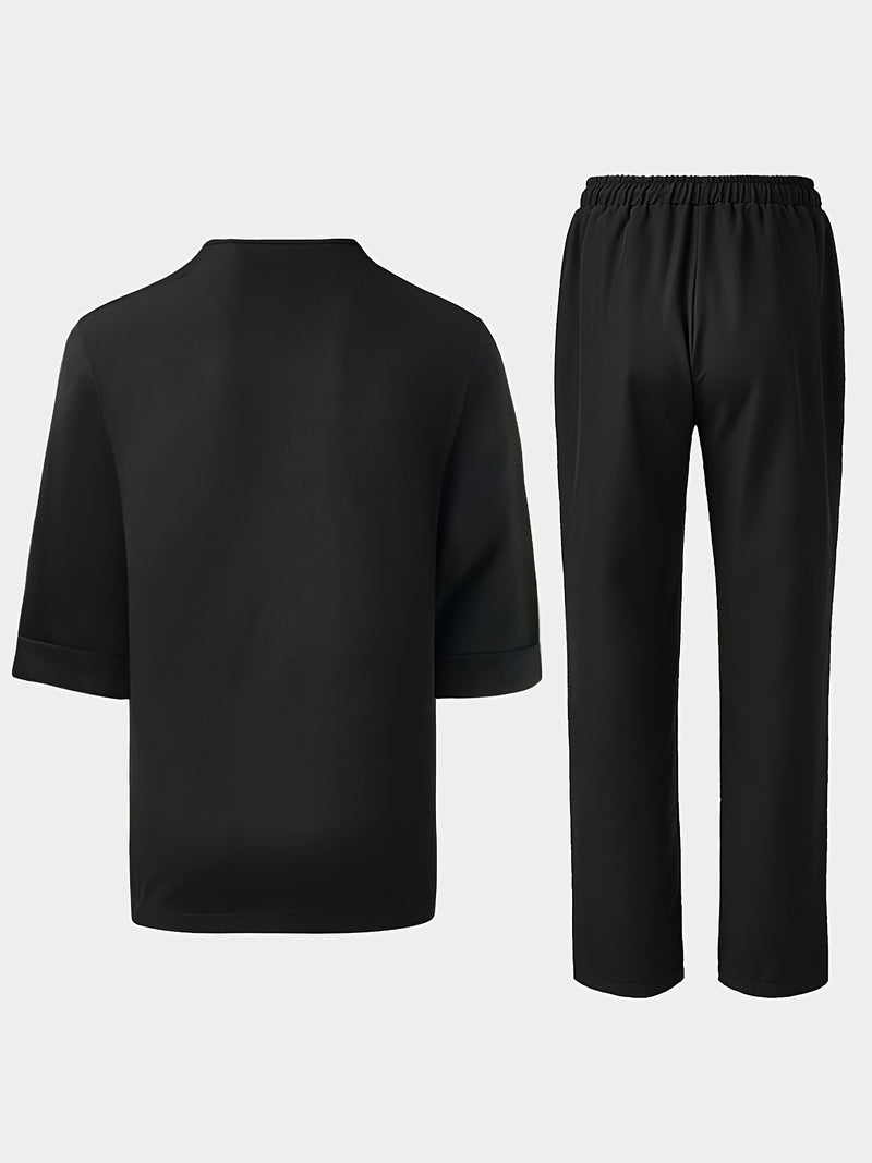 Men'S Suit, Short-Sleeved Top, Round Neck, Fake Pocket Design.