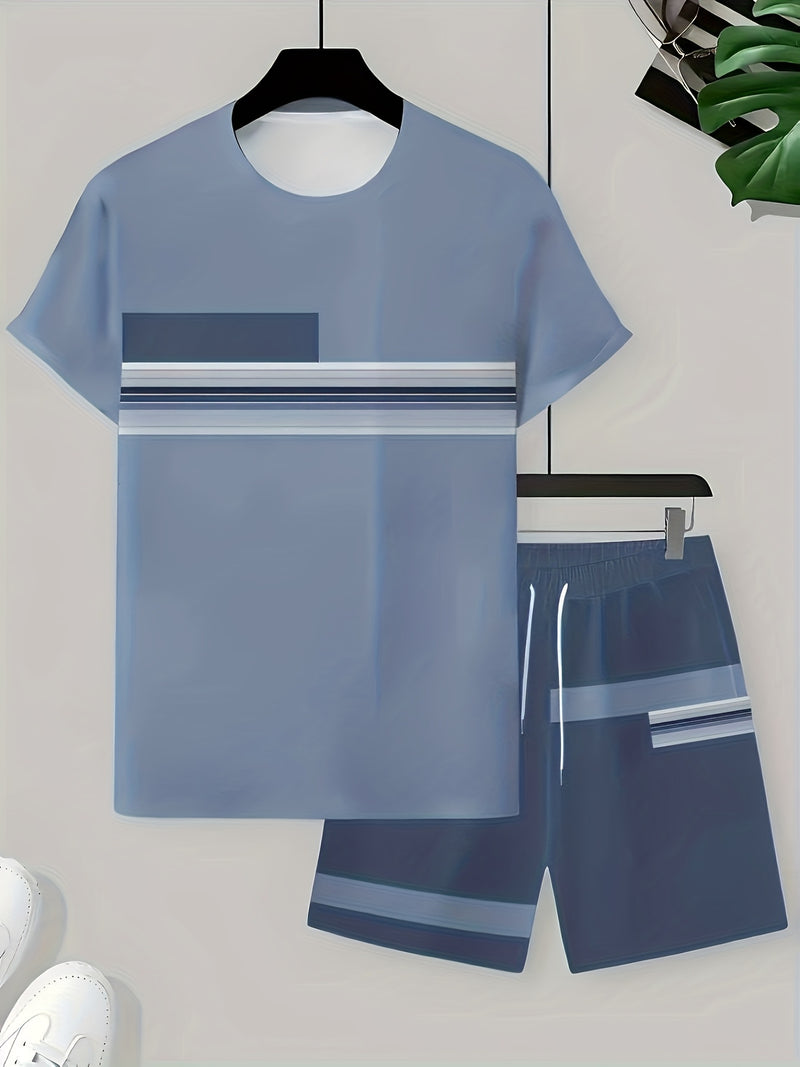 1 Set of 2pcs Men's Casual Outfit, Round-neck T-shirt + Shorts Set.