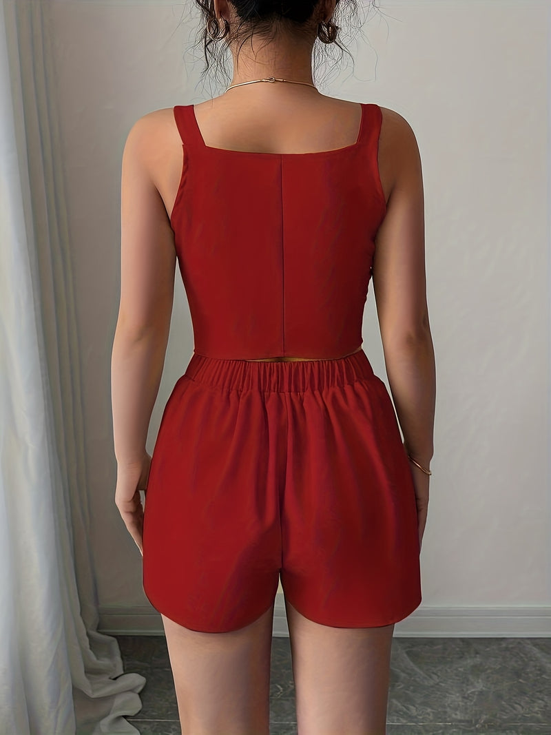 Women's Casual Commuter Simple Solid Color Front Button Vest + Shorts 2pcs.
