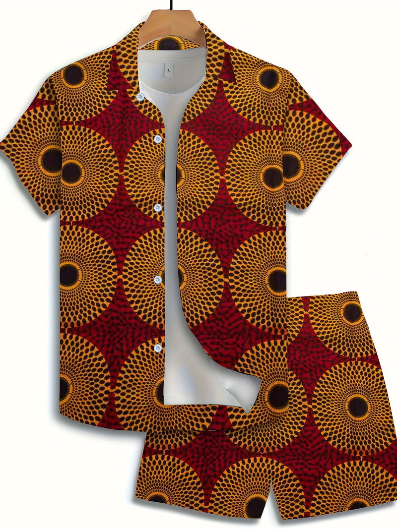 Men's Casual Ethnic Print Button-Up Shirt & Drawstring Shorts Set.