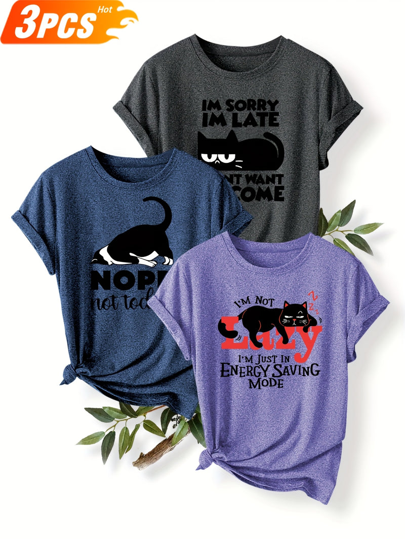 3pcs Women’s Featuring a Round-Neck Short-Sleeve T-Shirt.